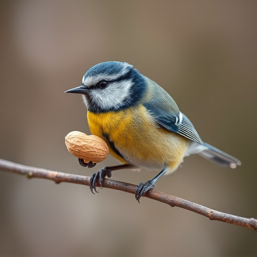 Blue tit holding peanut piece