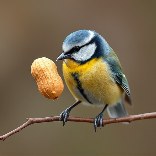 Blue tit holding peanut piece