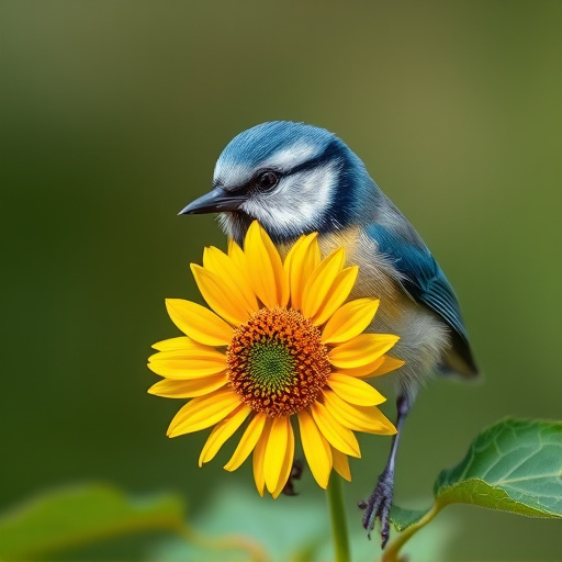 Blue tit holding sunflower heart in beak