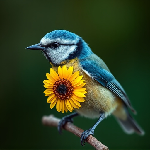 Blue tit holding sunflower heart in beak