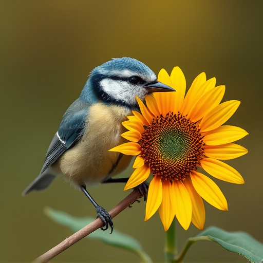 Blue tit holding sunflower heart in beak