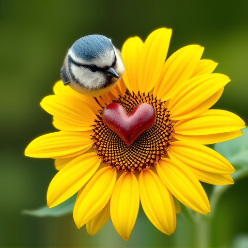 Blue tit holding sunflower heart in beak