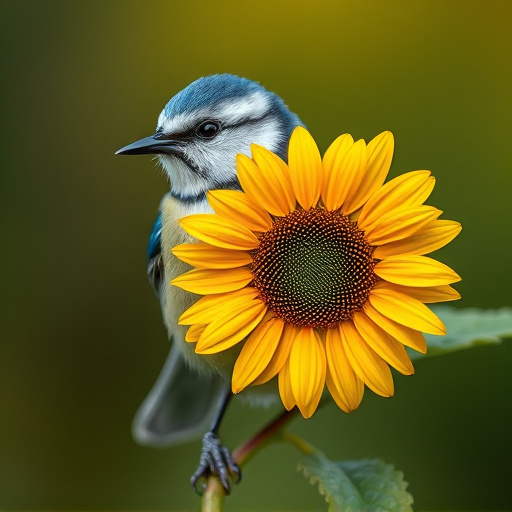 Blue tit holding sunflower heart in beak
