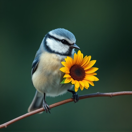 Blue tit holding sunflower heart in beak