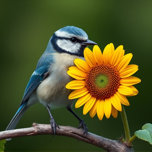 Blue tit holding sunflower heart in beak
