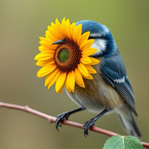 Blue tit holding sunflower heart in beak