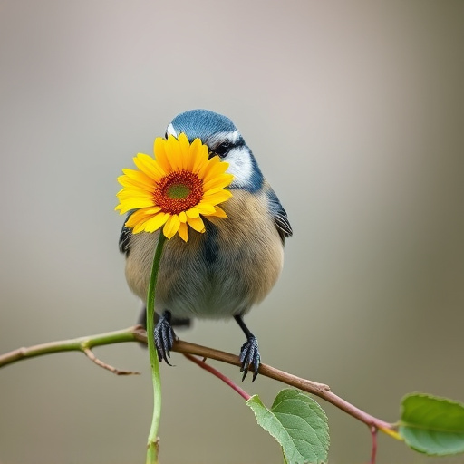 Blue tit holding sunflower heart in beak