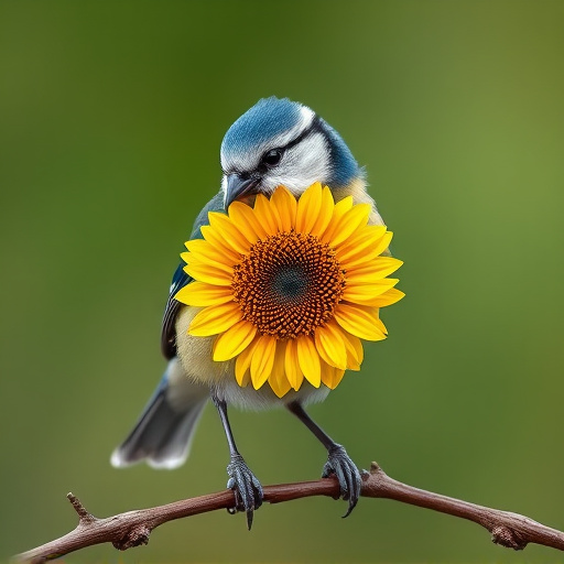 Blue tit holding sunflower heart in beak
