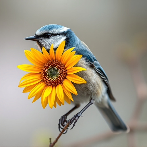 Blue tit holding sunflower heart in beak