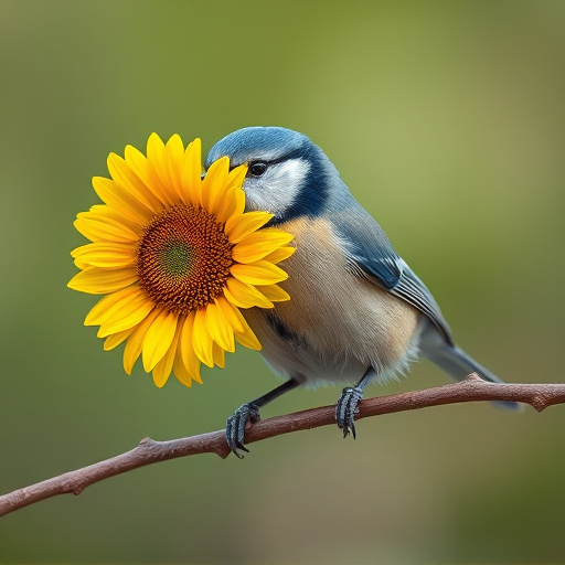 Blue tit holding sunflower heart in beak