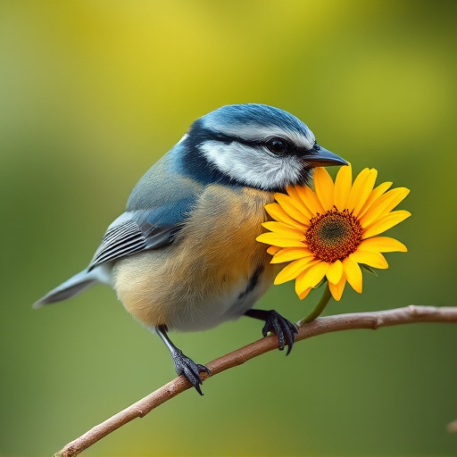 Blue tit holding sunflower heart in beak