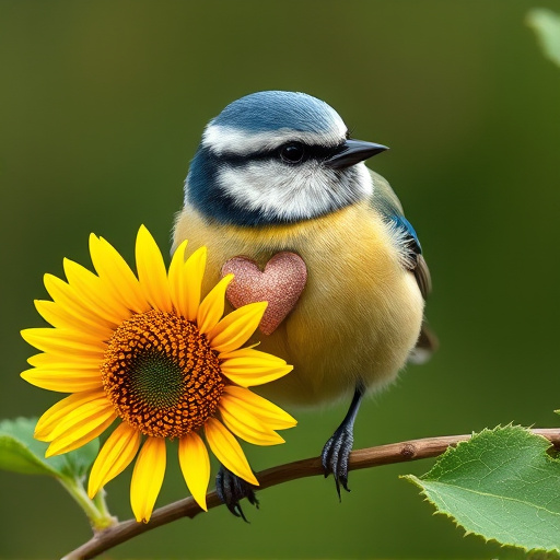 Blue tit holding sunflower heart in beak