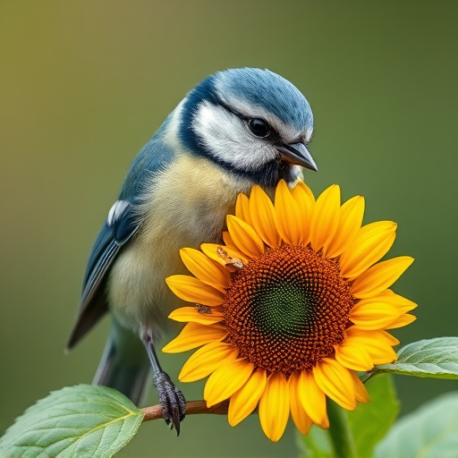 Blue tit holding sunflower heart in beak