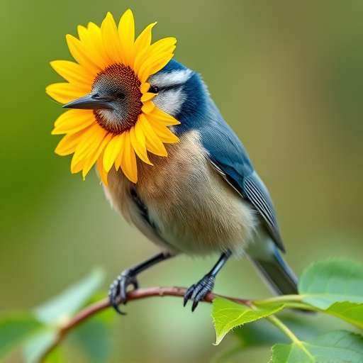 Blue tit holding sunflower heart in beak