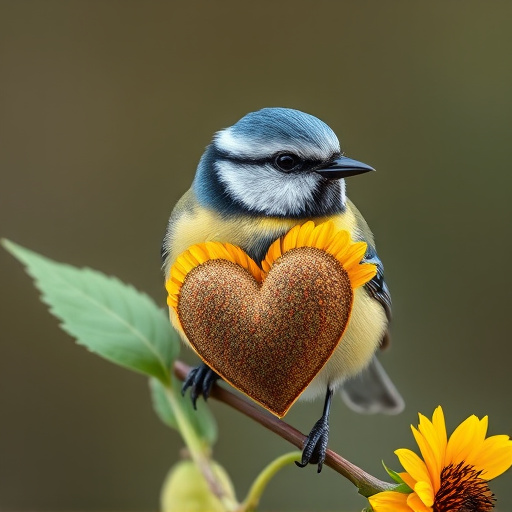 Blue tit holding sunflower heart in beak