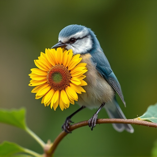 Blue tit holding sunflower heart in beak