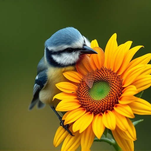 Blue tit holding sunflower heart in beak