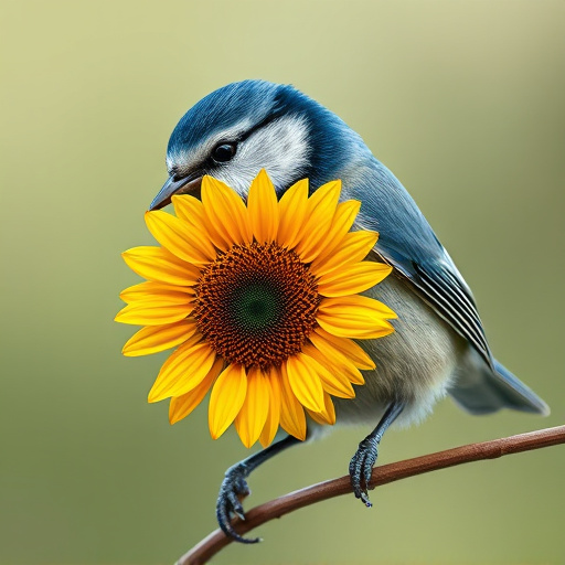 Blue tit holding sunflower heart in beak