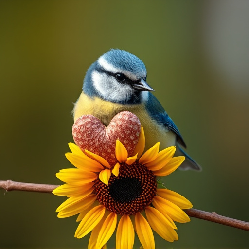 Blue tit holding sunflower heart in beak