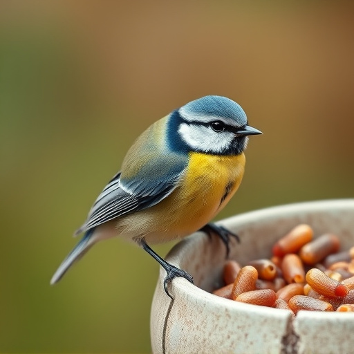 Blue tit perched beside mealworms bowl