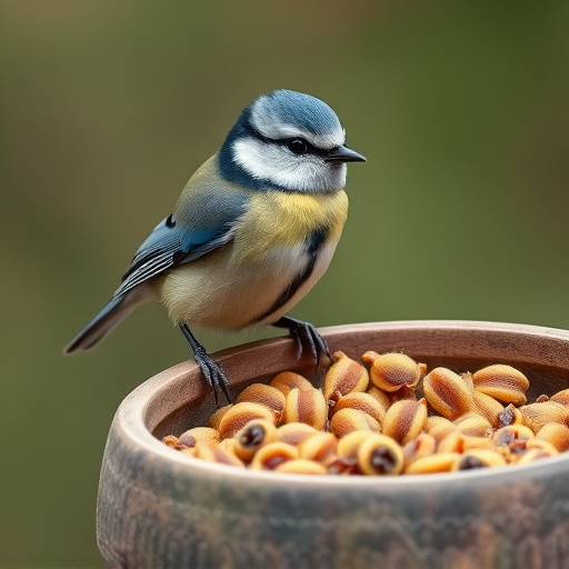 Blue tit perched beside mealworms bowl