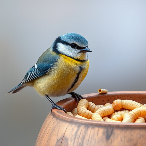 Blue tit perched beside mealworms bowl