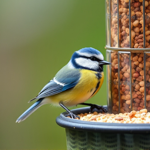 Blue tit perched on garden suet feeder