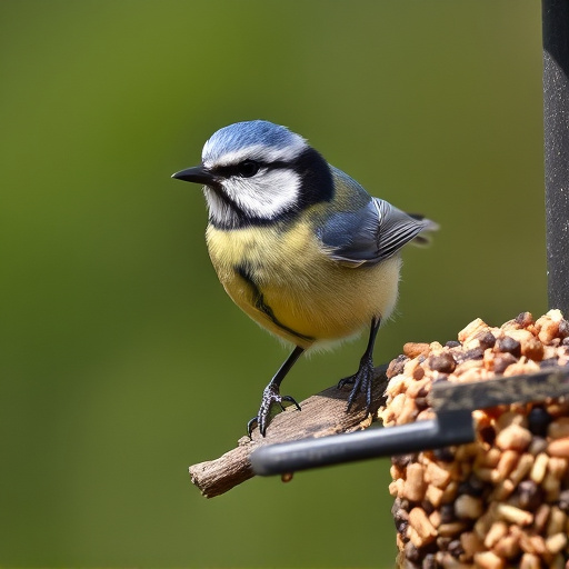 Blue tit perched on garden suet feeder