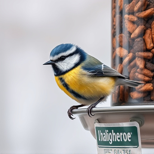 Blue tit perched on hanging feeder