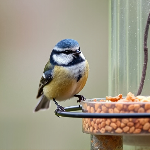 Blue tit perched on hanging feeder