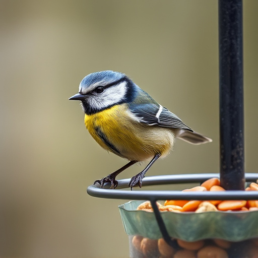 Blue tit perched on hanging feeder