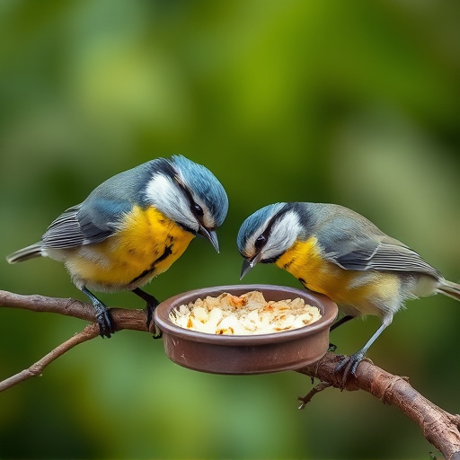 Blue tits and robins eating suet