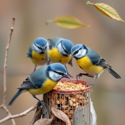 Blue tits and robins eating suet