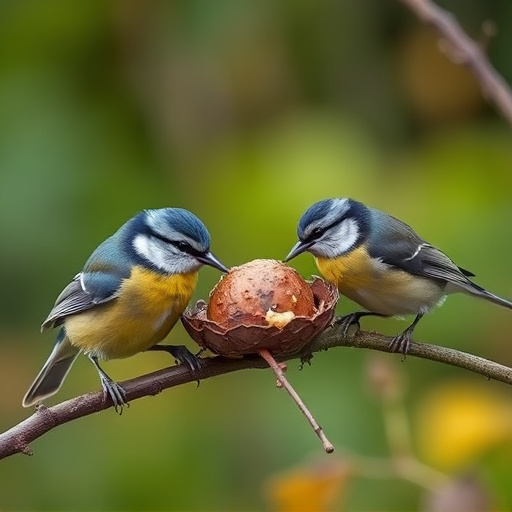 Blue tits and robins eating suet