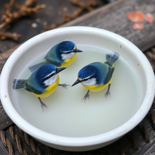 Blue tits bathing in shallow ceramic bowl