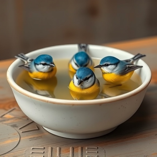 Blue tits bathing in shallow ceramic bowl