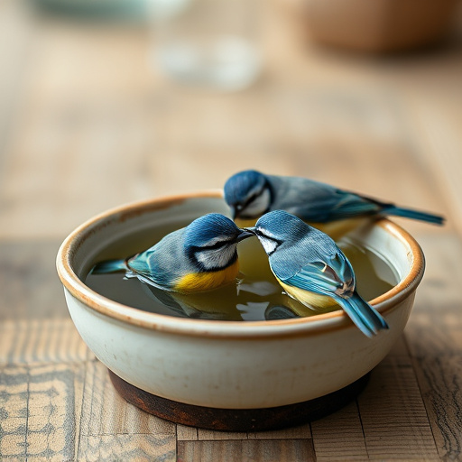 Blue tits bathing in shallow ceramic bowl