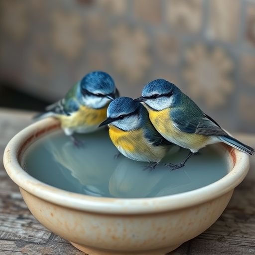 Blue tits bathing in shallow ceramic bowl