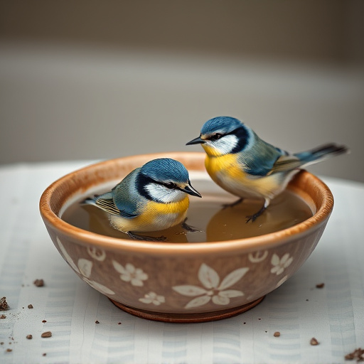 Blue tits bathing in shallow ceramic bowl