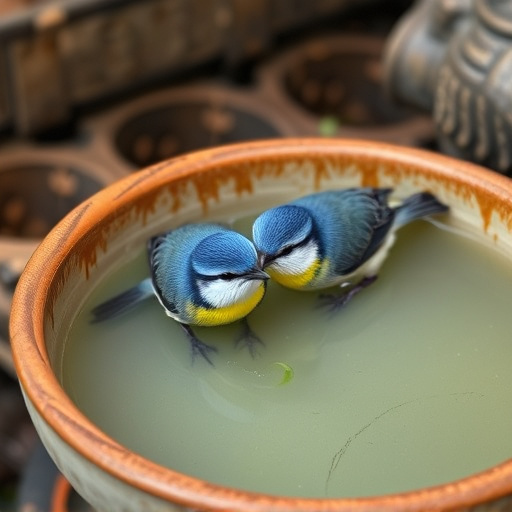 Blue tits bathing in shallow ceramic bowl