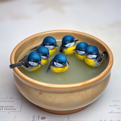 Blue tits bathing in shallow ceramic bowl