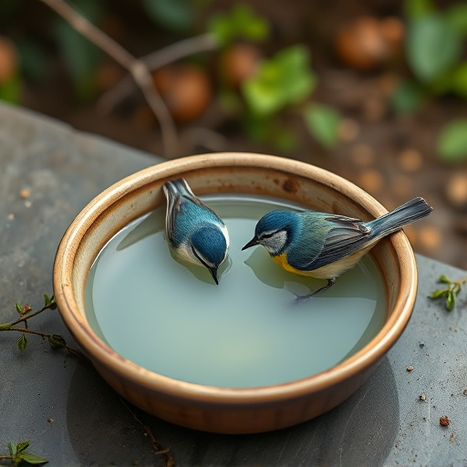 Blue tits bathing in shallow ceramic bowl
