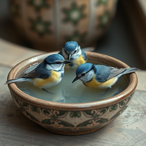 Blue tits bathing in shallow ceramic bowl