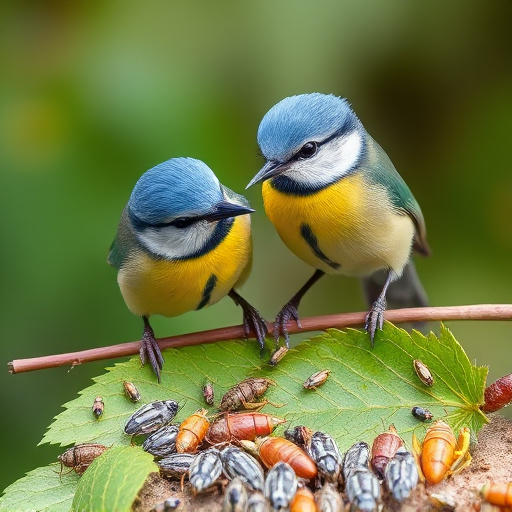 Blue tits enjoying fresh insects
