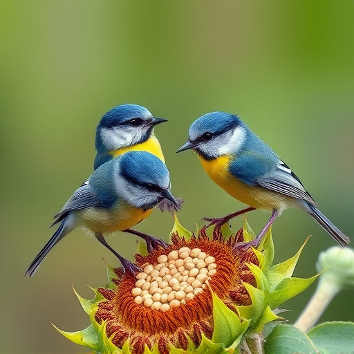 Blue tits feeding on sunflower seeds