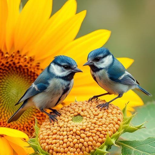 Blue tits feeding on sunflower seeds