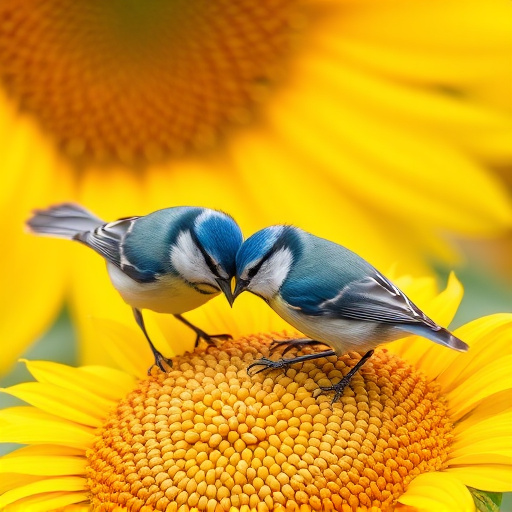 Blue tits feeding on sunflower seeds