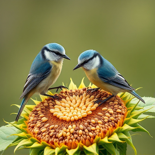 Blue tits feeding on sunflower seeds