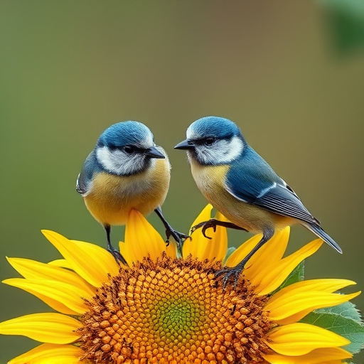 Blue tits feeding on sunflower seeds