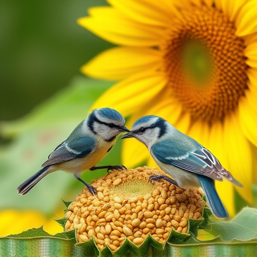 Blue tits feeding on sunflower seeds